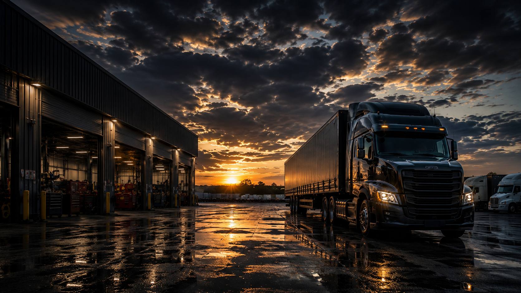 Truck repair shop at sunset